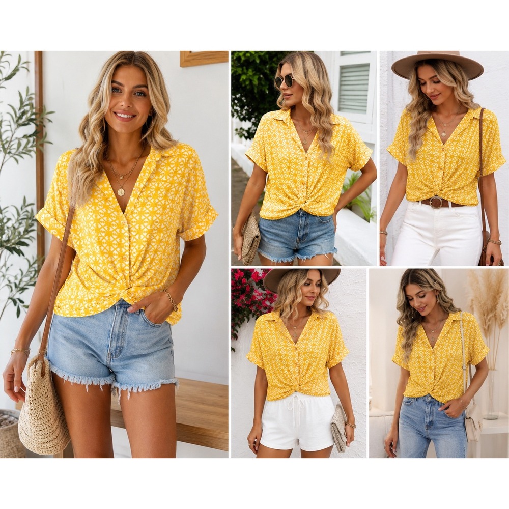 Milk & Honey Top Womens L Yellow White Geometric Button Front Twist Hem Blouse